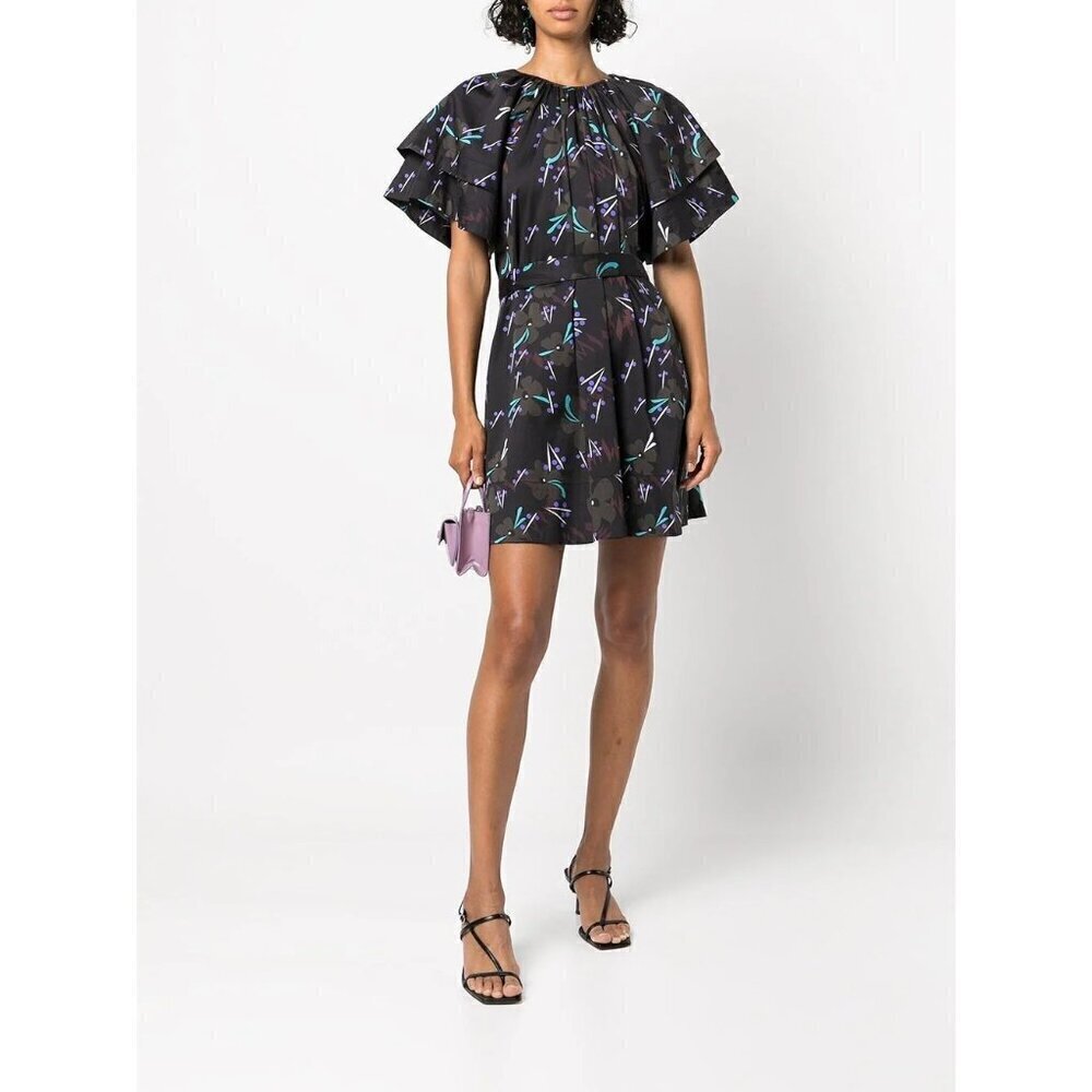 Cynthia Rowley Floral Flutter Sleeve Belted Mini Dress Black Womens Size Small